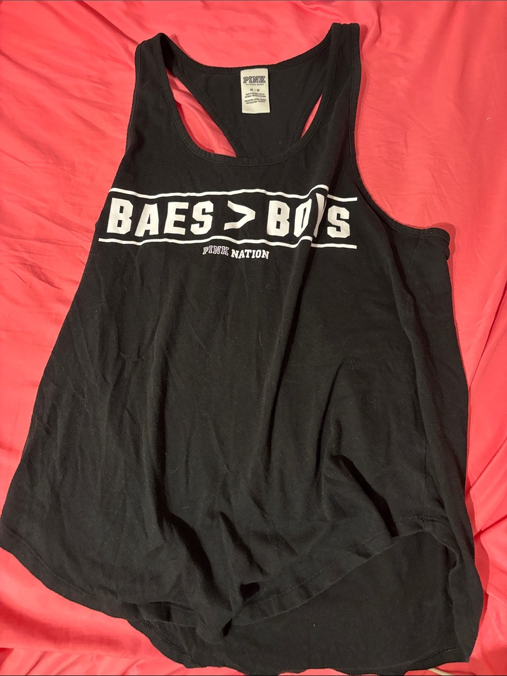 PINK Victoria's Secret Black Graphic Racerback Tank - White 'BAES > BOYS' Print